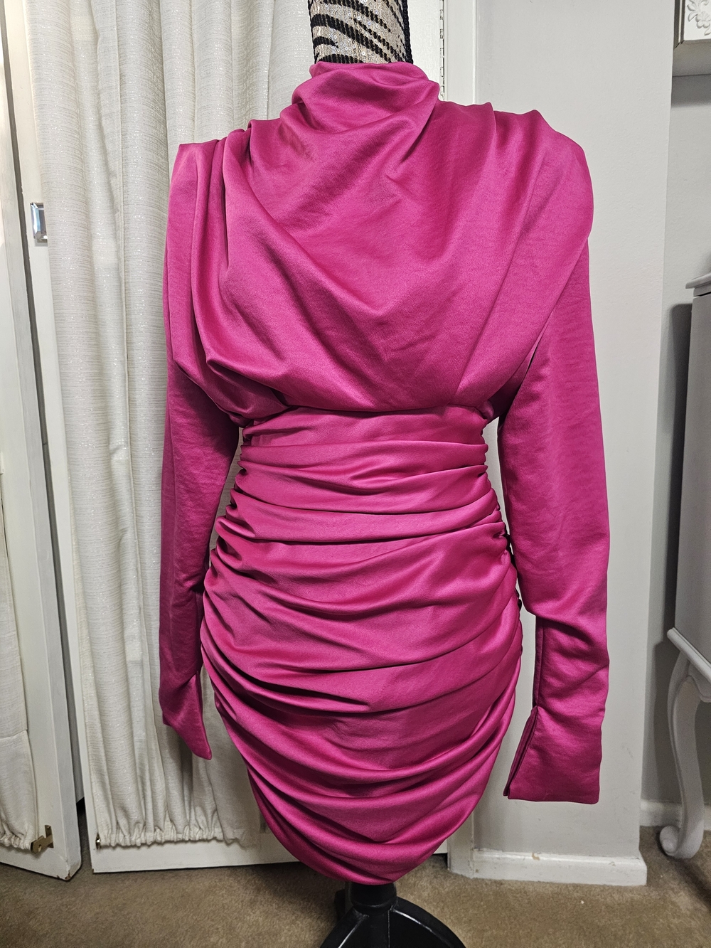 House of CB Hot Pink Satin Ruched Long-Sleeve Mini GIORGIANA Dress - Picture 2 of 13
